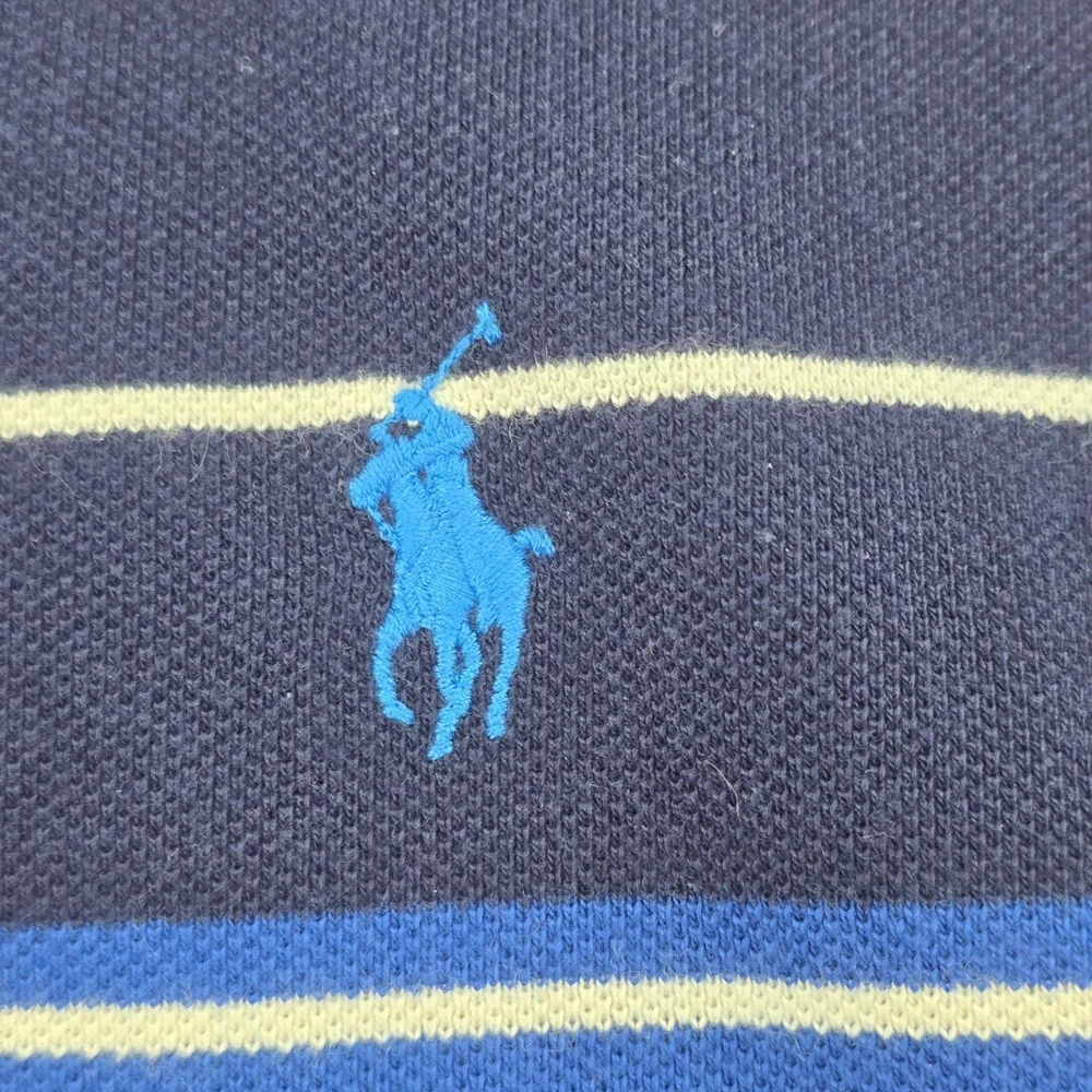 Polo Ralph Lauren Polo Shirt Mens L Navy Blue Striped Short Sleeve Cotton Pique